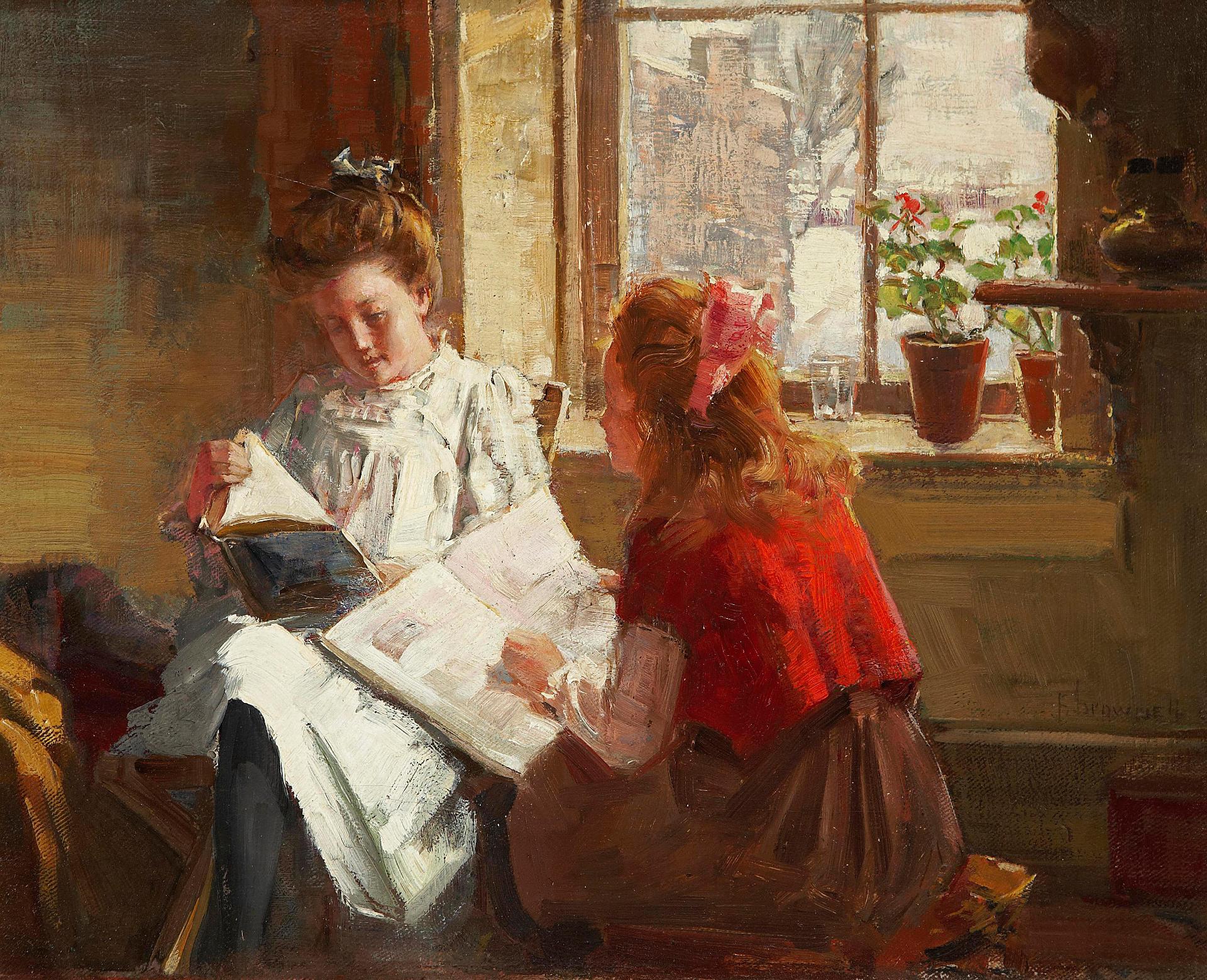 Peleg Franklin Frank Brownell (1857-1946) - Reading, an interior scene with two girls reading by a window