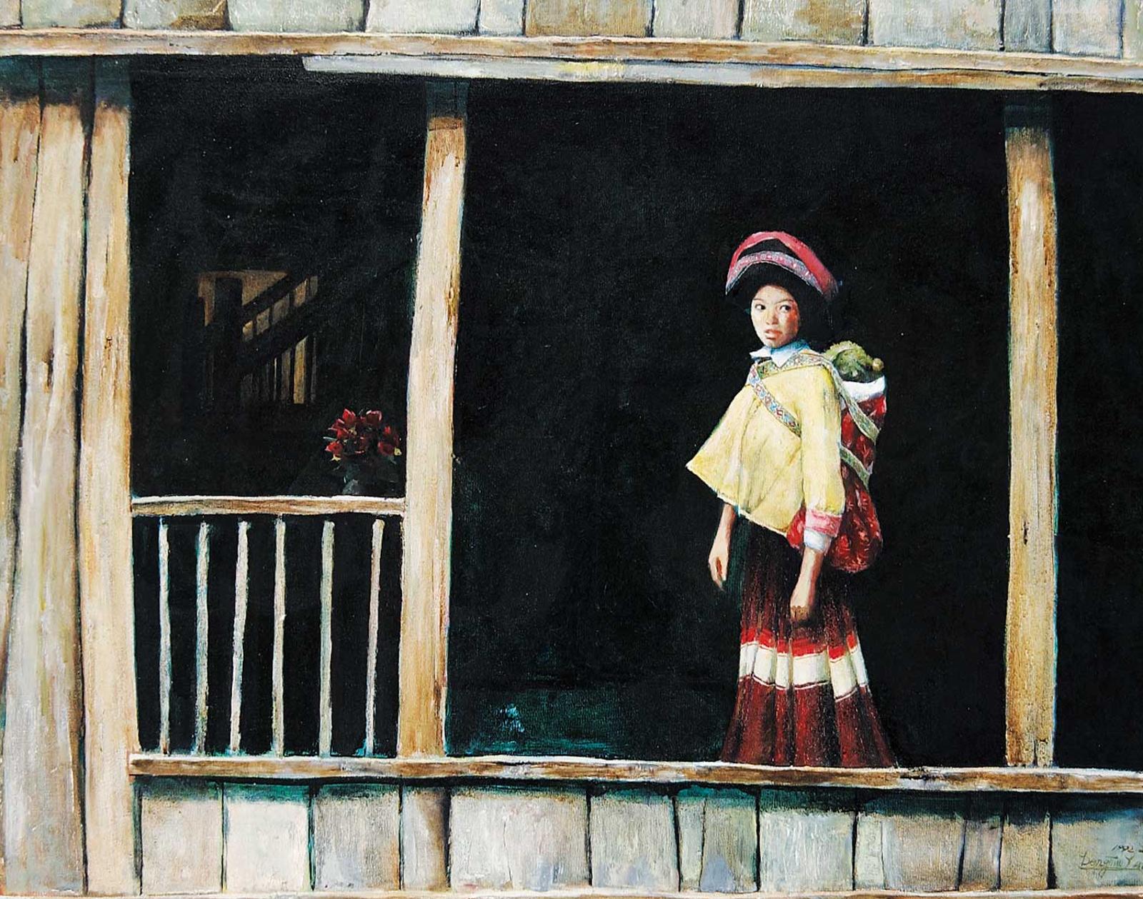 Dongmin Lai (1959) - Woman with Baby and Roses on Balcony