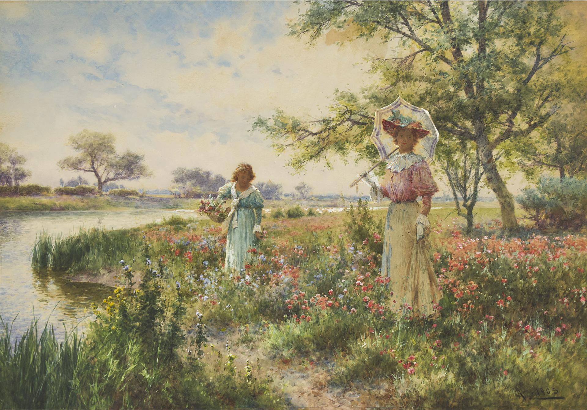 Alfred Augustus Glendening Sr. (1840-1910) - Picking Flowers On A Riverbank, 1903