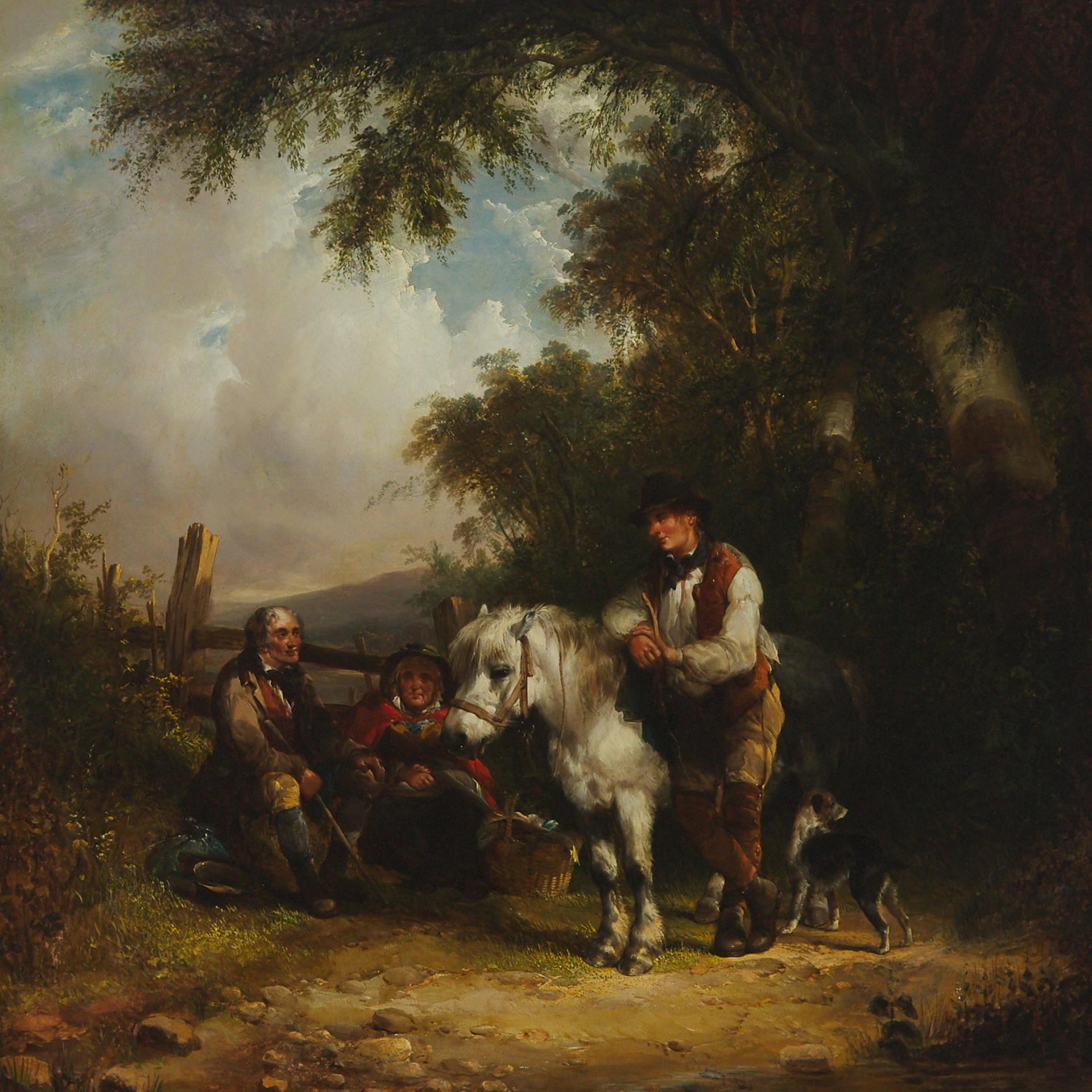 William Shayer the Elder (1787-1879) - Gypsies Resting With A Traveler And His White Horse