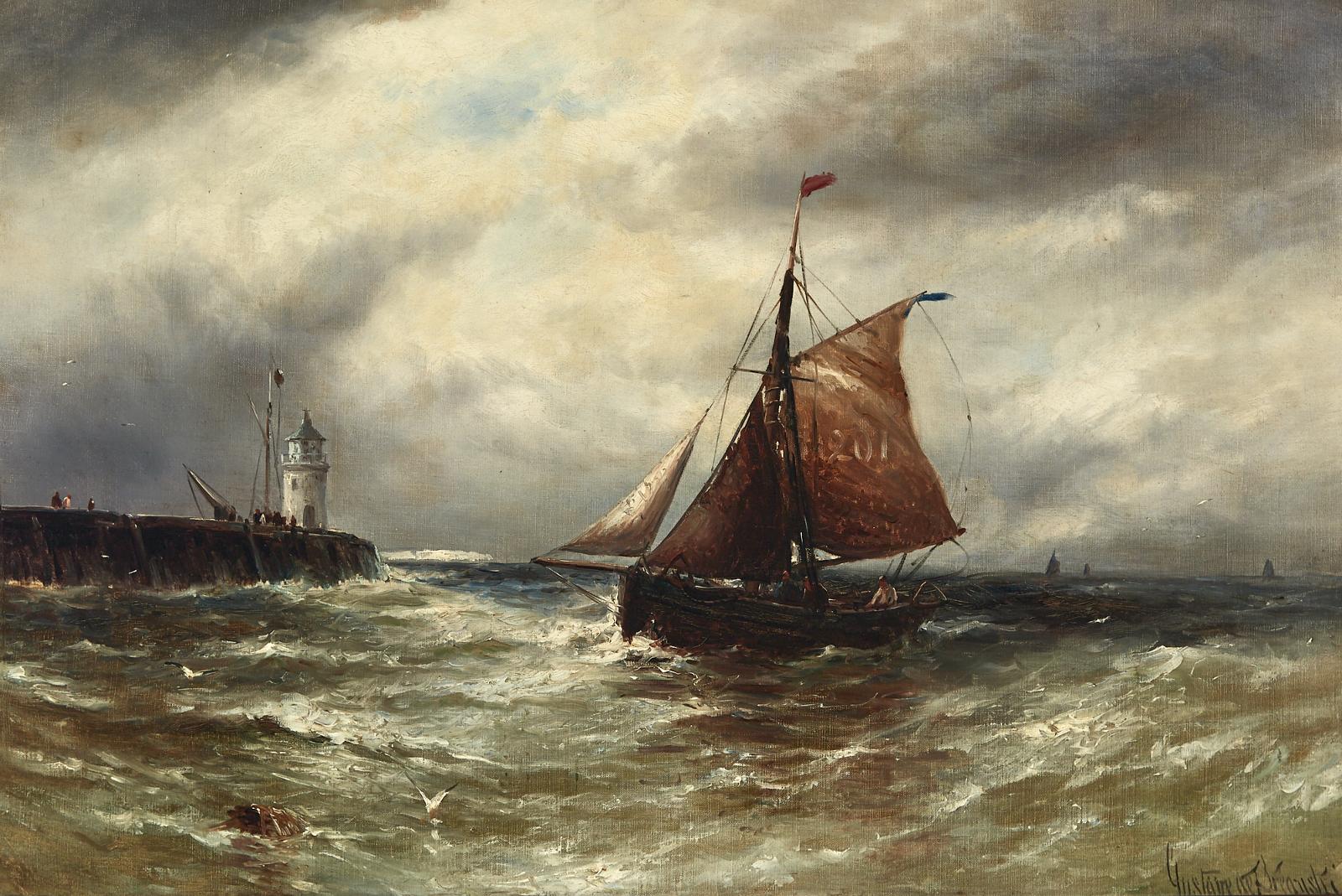 Gustave de Breanski (1856-1898) - Fishing Boats Nearing A Lighthouse