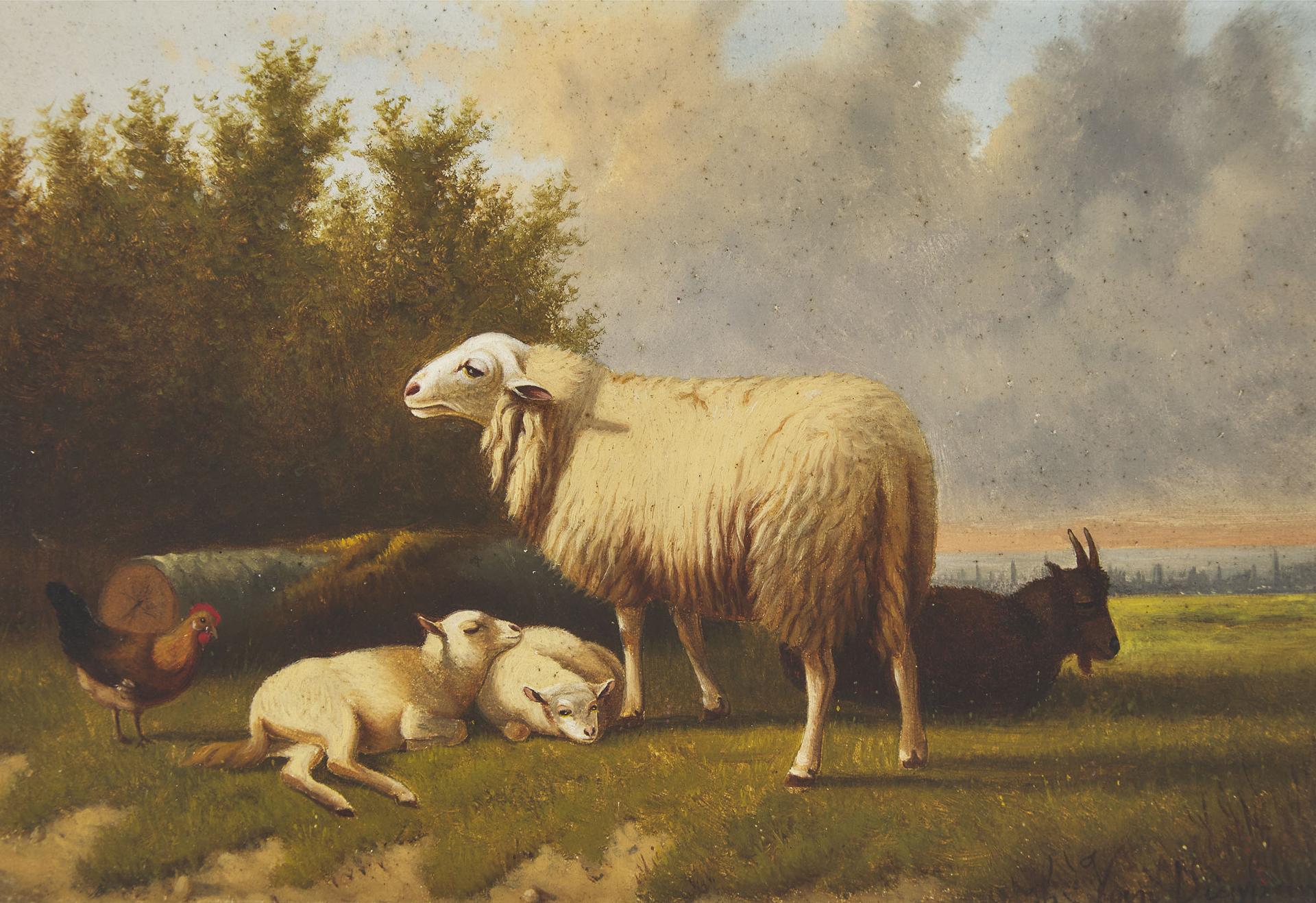Jacob van Dieghem - Sheep, Goat And Rooster In Pasture