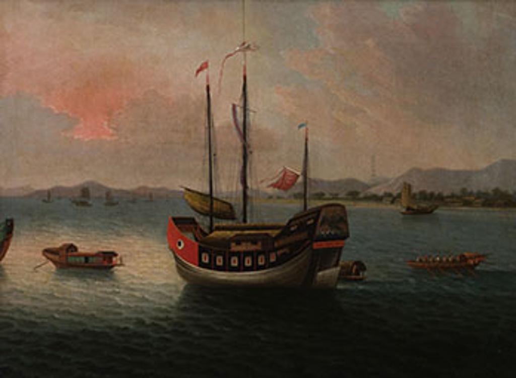 Chinese Artist - A Junk at Anchor in the Pearl River / An Indiaman off the Kent Coast (verso)