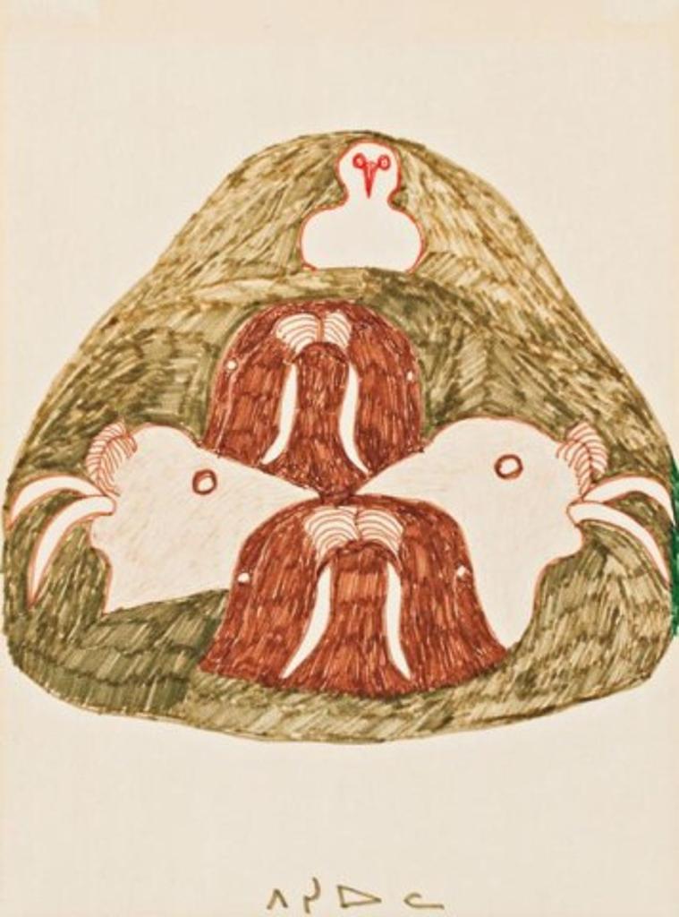 Pitseolak Ashoona (1904-1983) - Untitled (Walruses and Bird),, Ca. late 1960s, Felt-tip pen drawing