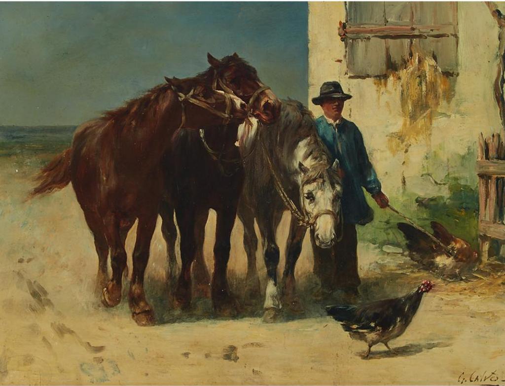Leon Georges Calves (1848-1924) - Farmer And His Team Of Horses In A Barnyard With Chickens