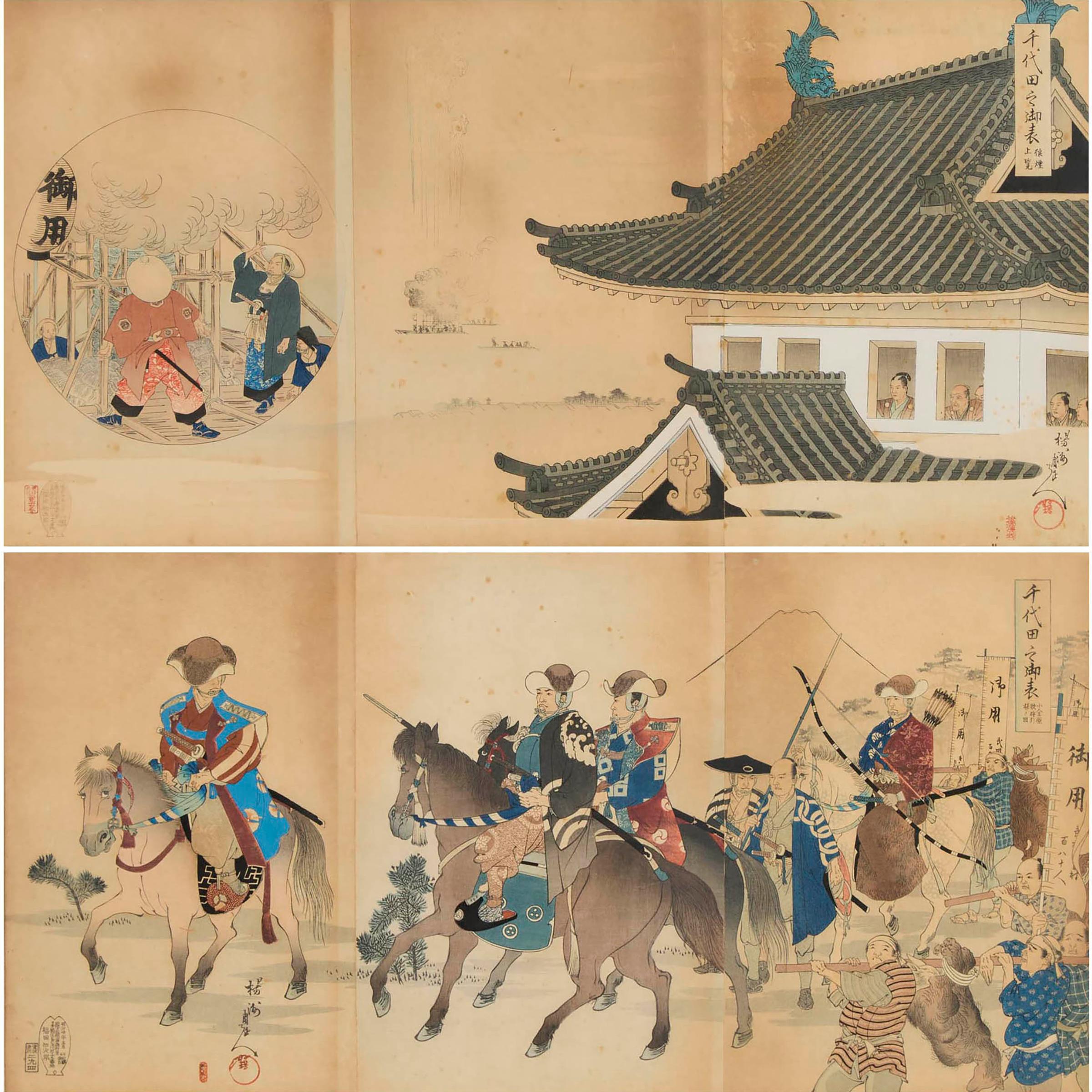 Toyohara Chikanobu - 豊原周延 (1838-1912) 三联版画一组两件