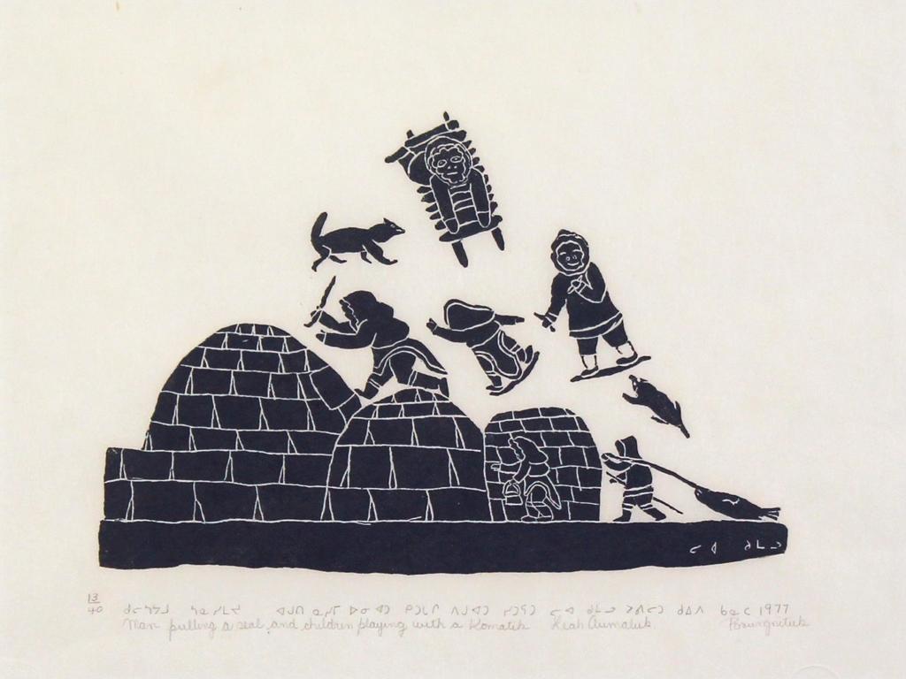 Leah Qumaluk (1934-1934) - Man Pulling A Seal And Children Playing; 1977