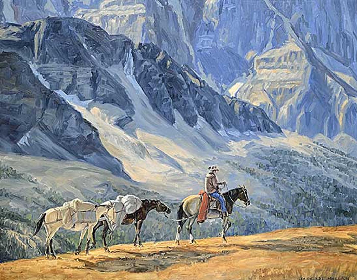 Jack Lee McLean (1924-2003) - Mt. Assiniboine Above Cerulean Lake, Rider and Two Pack Horses