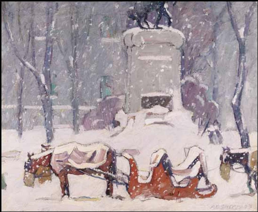 Peter Clapham (P.C.) Sheppard (1882-1965) - Cabstand, Winter, Dominion Square, Montreal