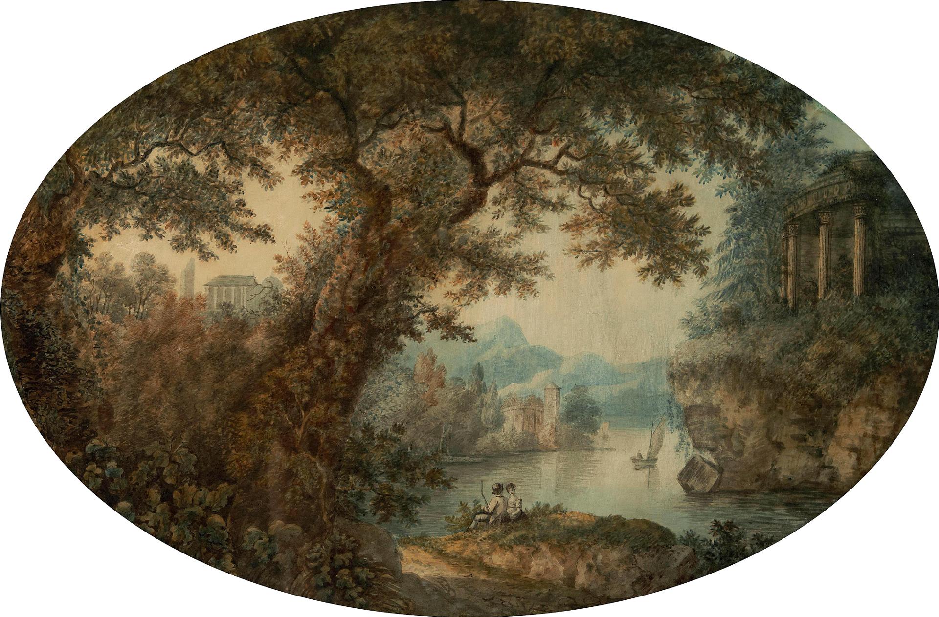 French School - A capriccio with figures in a classical landscape; Another similar; a pair