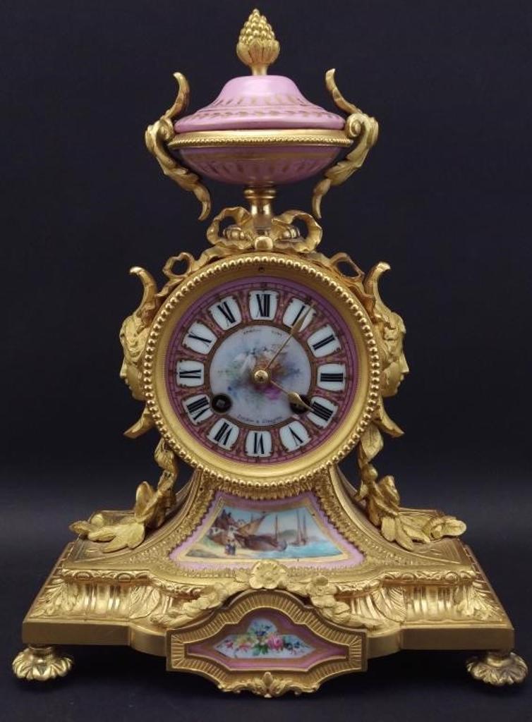 French Ormolu Mantle Clock - with pink porcelain mounts