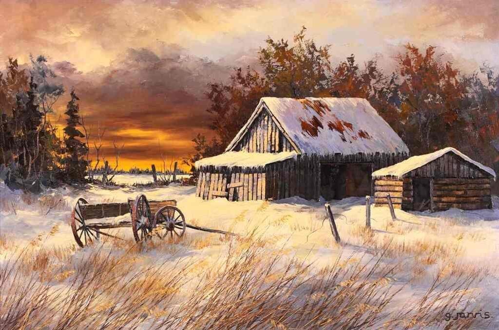 Georgia Jarvis (1944-1990) - Winter Barns At Sunset
