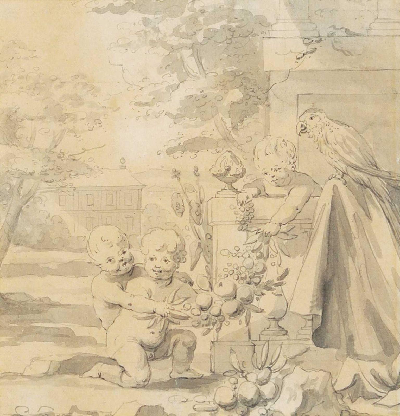 Johannes Voorhoot - Putti and Parrot on a Terrace