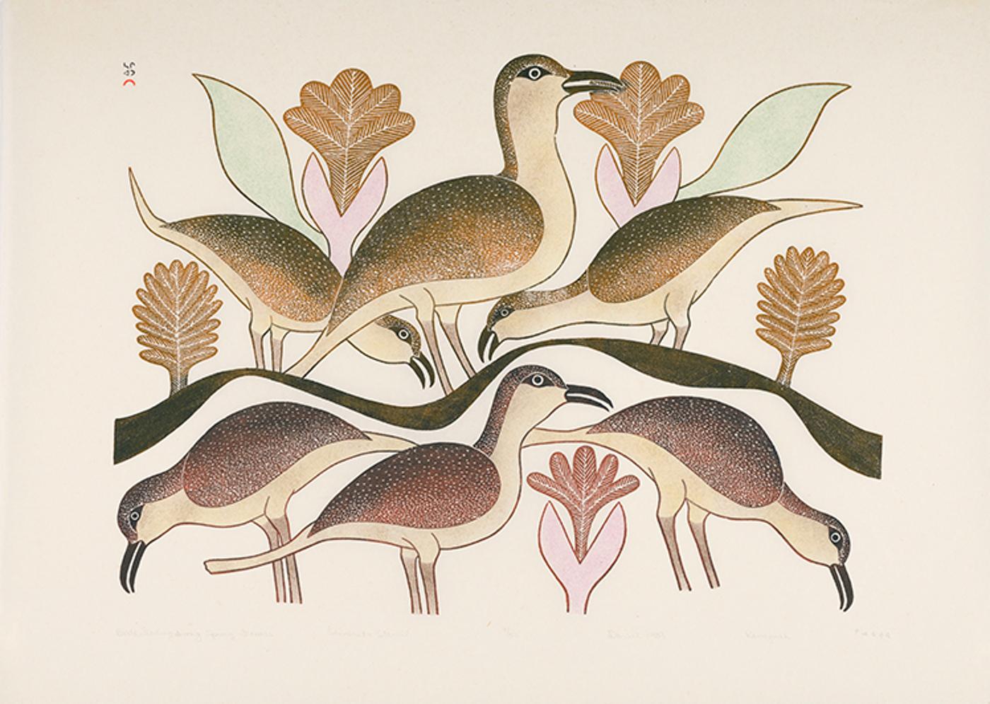 Kenojuak Ashevak (1927-2013) - Birds Feeding Among Spring Flowers