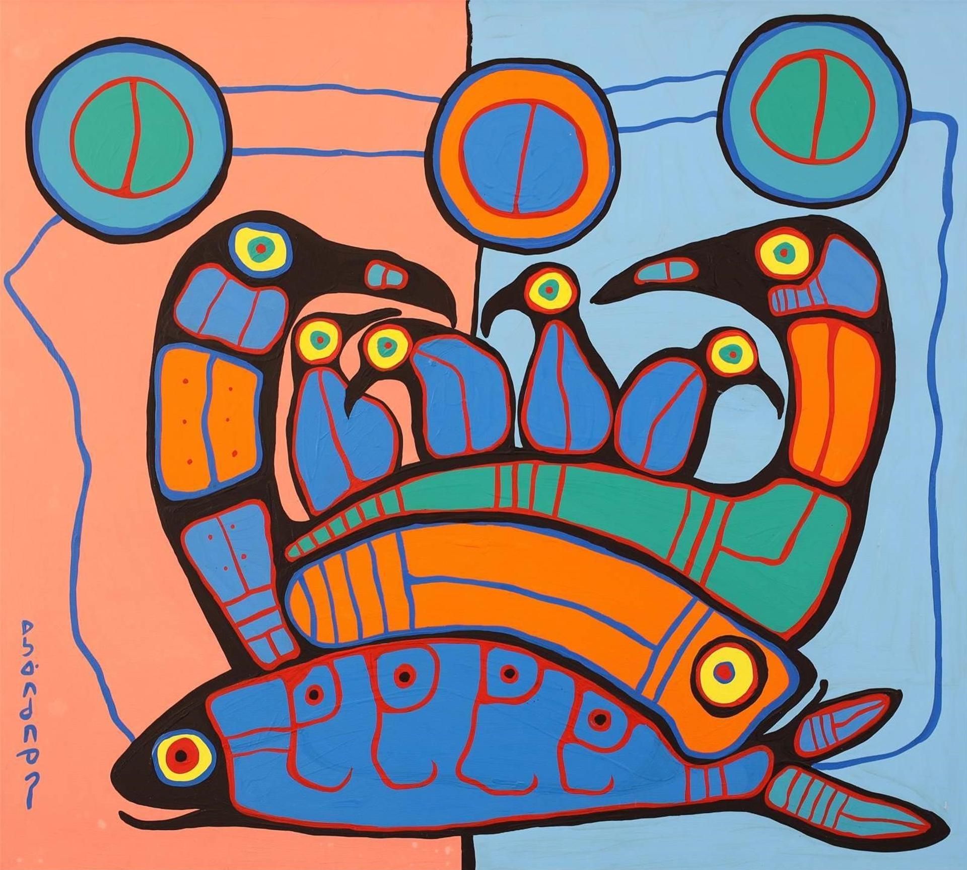Norval H. Morrisseau (1931-2007) - Family Of Birds With Fish; Ca 1989