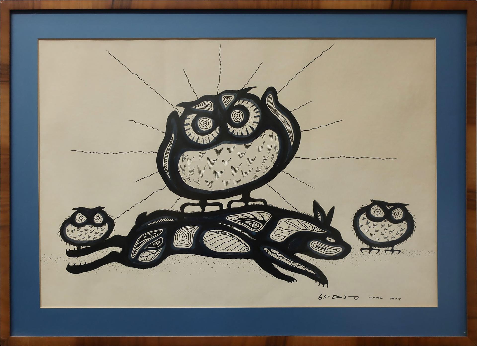 Carl Ray (1942-1978) - Untitled (Owl Family With Rabbit)