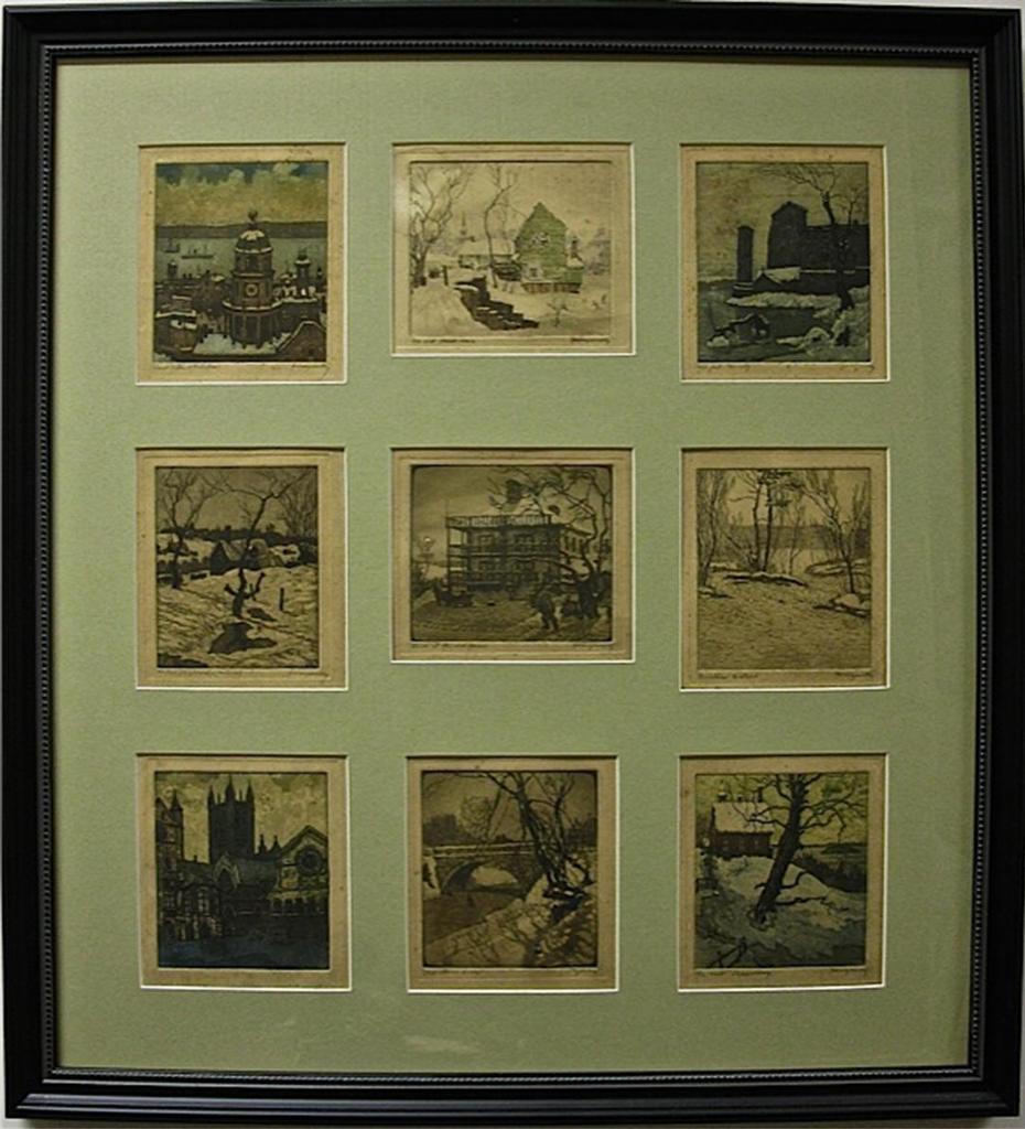 Nicholas Hornyansky (1896-1965) - Clock Tower (Halifax); The Old Mill-Dam; Old Fort Chambly; On The Highlands (Ont.); Back At The Old Home; Winter Waters; U.Of.T.; Old Stone Bridge; The Last School Day