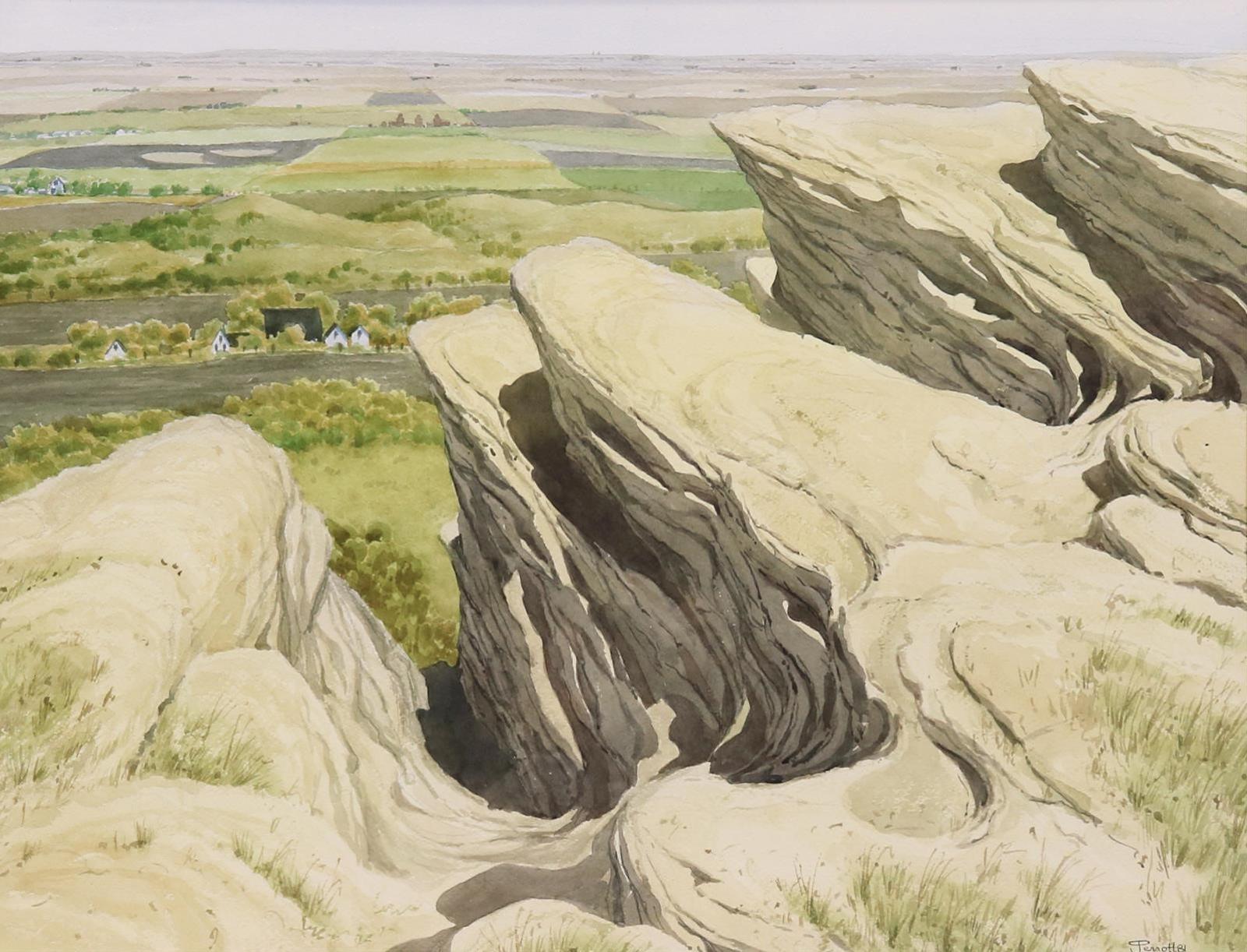 James Stanford (Stan) Perrott (1917-2001) - Sandstone Outcrop And Prairie Fields; 1981