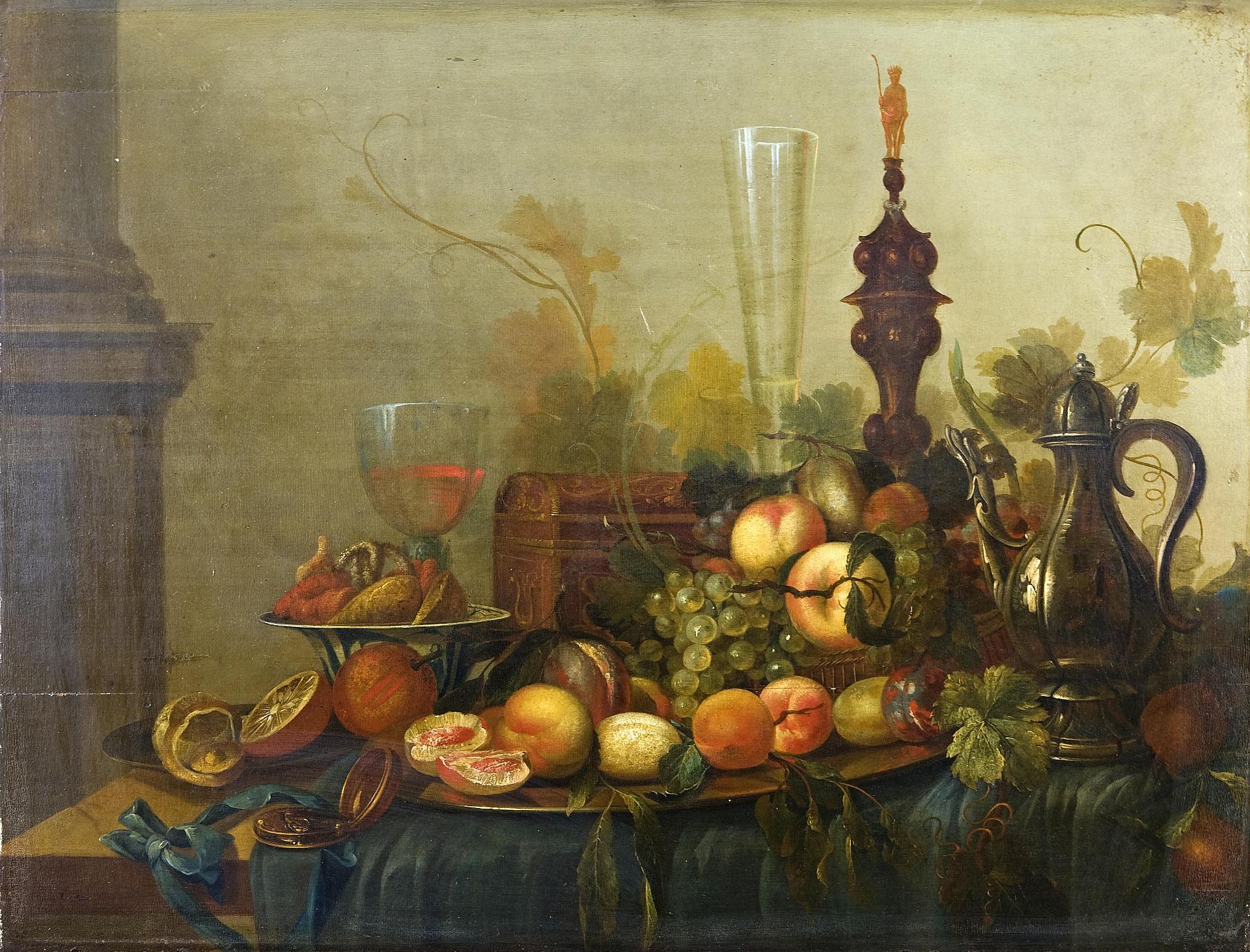 George Lance (1802-1864) - Still life with fruit, glass and metalware