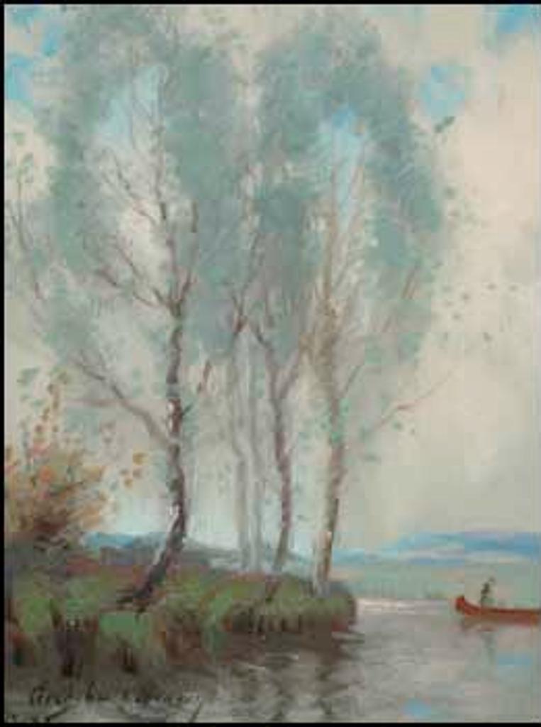 Joseph Archibald Browne (1862-1948) - Trees by a River with a Man in a Canoe