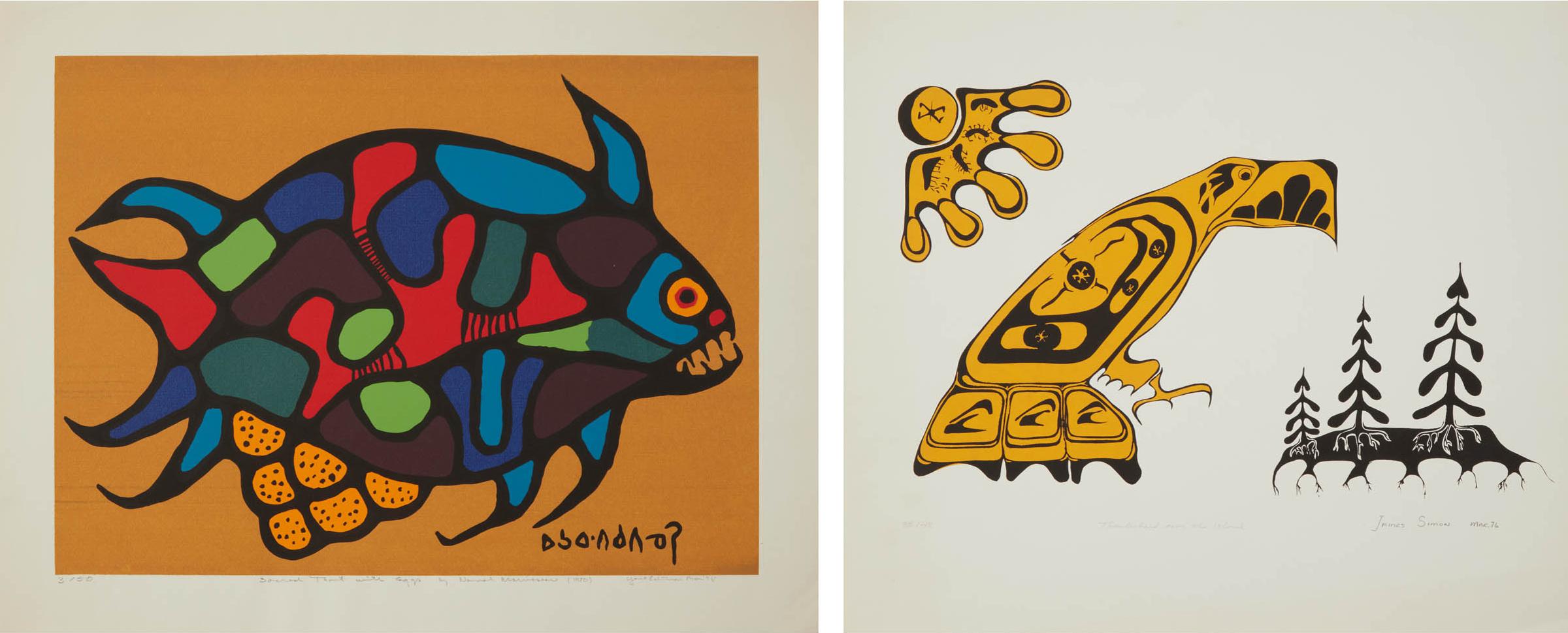 Norval H. Morrisseau (1931-2007) - Sacred Trout With Eggs, 1975; Thunderbird Over The Island, 1976
