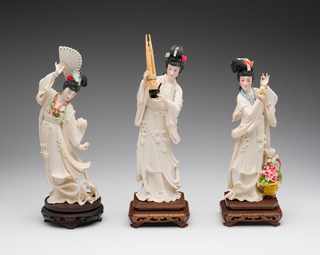 Chinese Art - Group of Three Chinese Tinted Ivory Carved Maidens, circa 1955