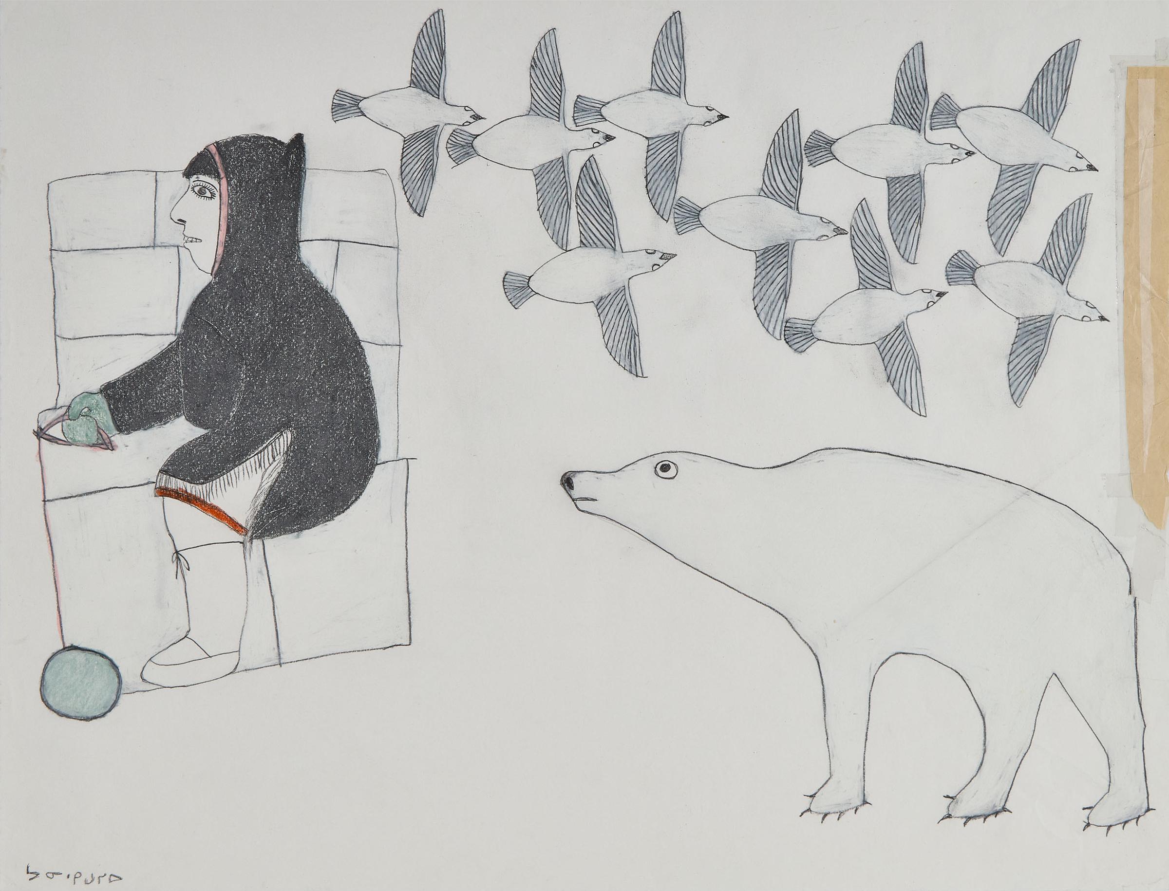 Janet Kigusiuq (1926-2005) - Untitled (Figure With Bear And Birds)