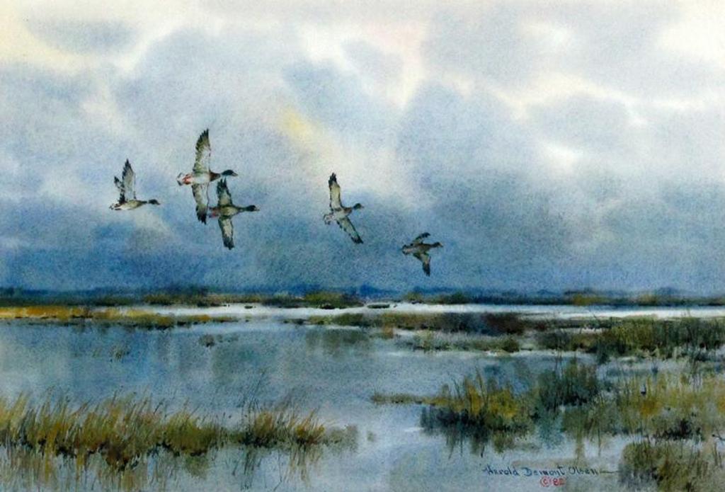 Harold Demont Olsen (1929-2020) - Ducks Flying Over Wetlands; 1982