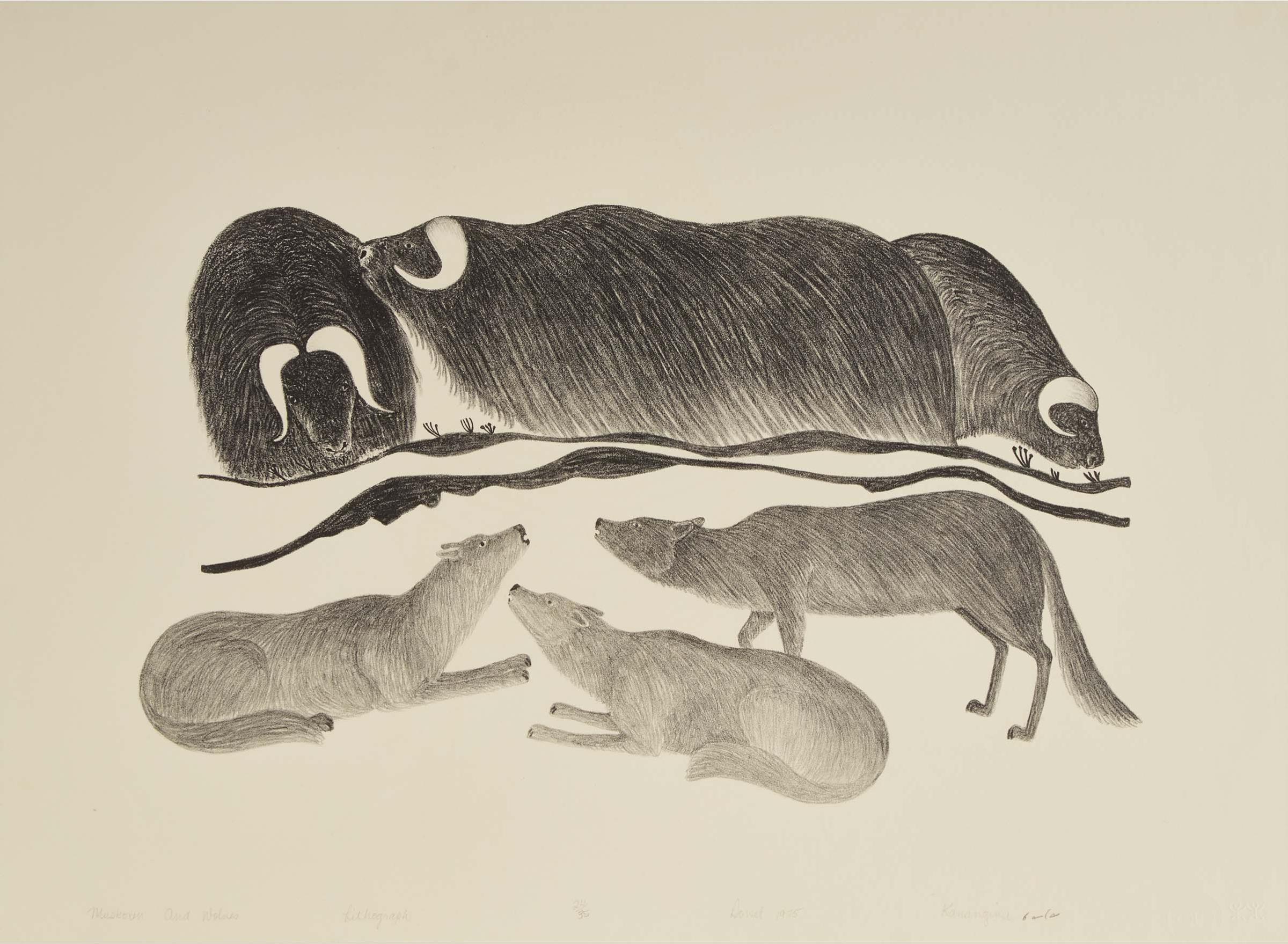 Kananginak Pootoogook (1935-2010) - Musk Oxen And Wolves, 1975