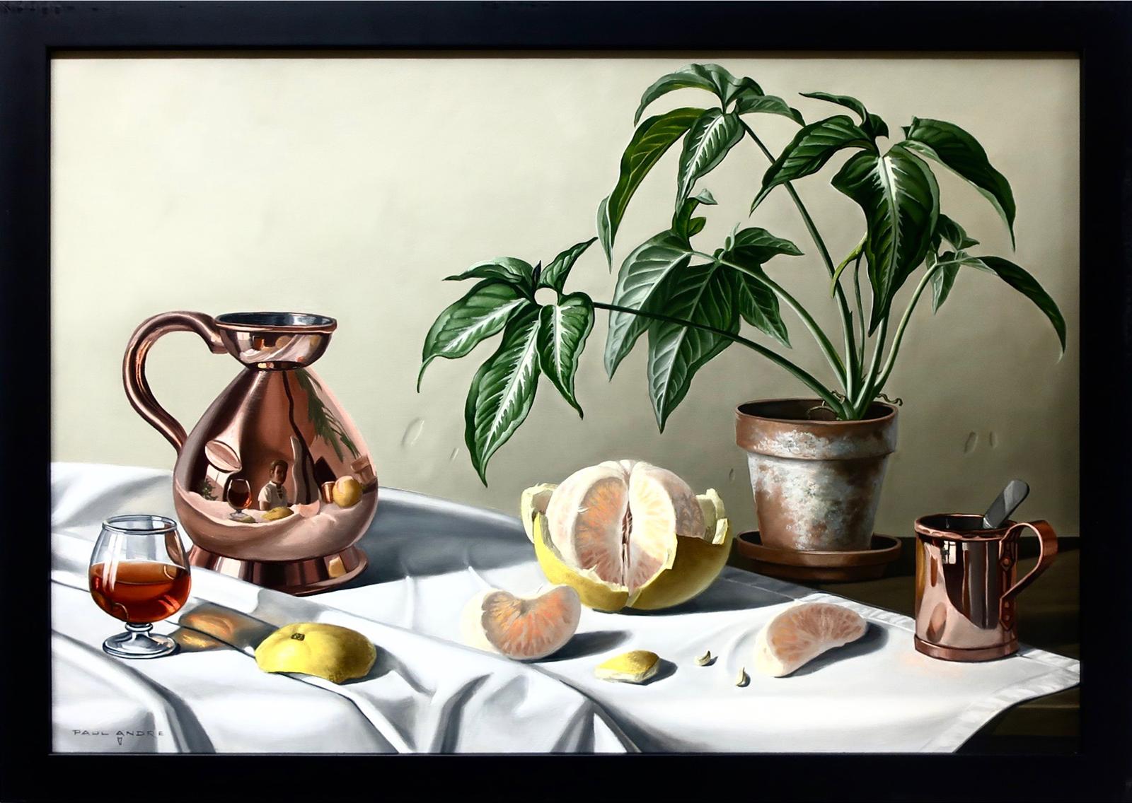 Seemee Kanayuk (1938) - Still Life With Grapefruit, Wine, Plant And Copper Ware