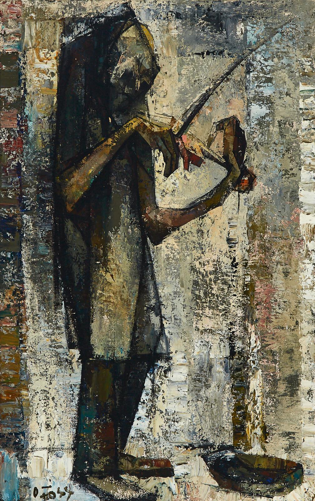 Olivier Foss (1920-2002) - Busker Playing The Violin, Paris