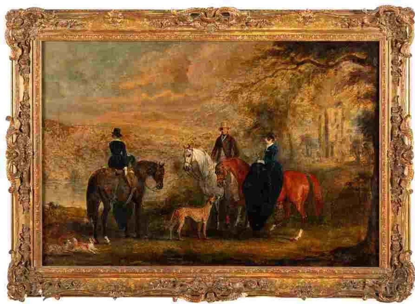 John Ii Ferneley (1815-1862) - A Riding Party with Dogs in a Landscape, a ruined church beyond