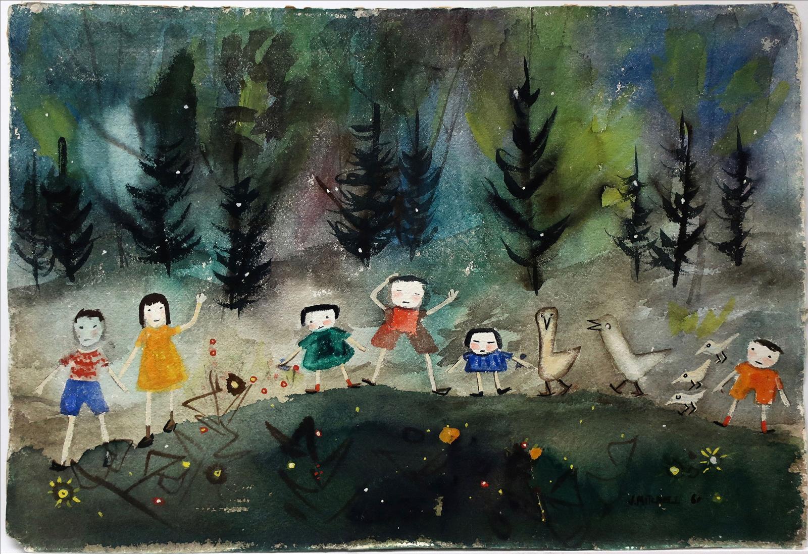 Janet Mitchell (1915-1998) - A Row Of Birds & Kids