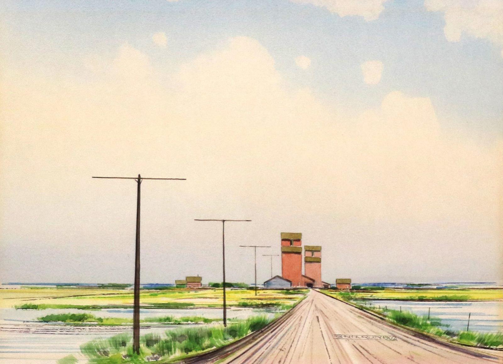 Robert Newton Hurley (1894-1980) - Grain Elevators At The End Of A Prairie Lane; 1962