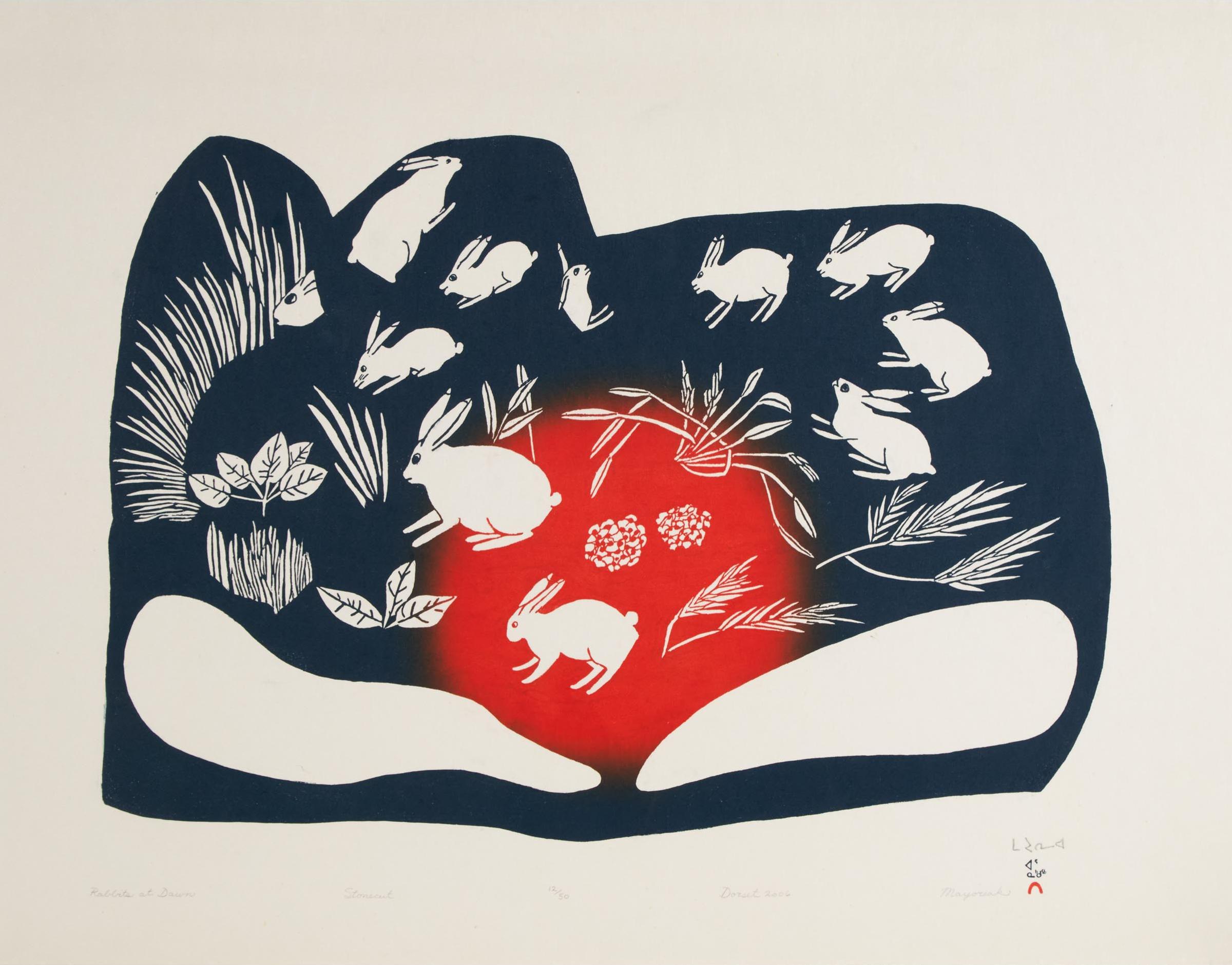 Mayureak Ashoona (1946) - Rabbits At Dawn, 2006