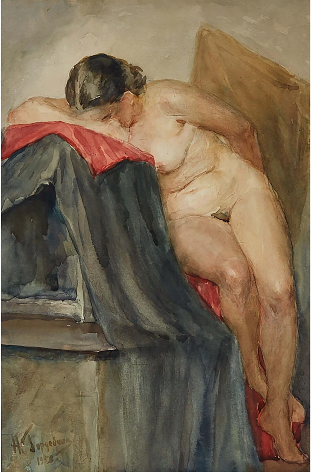 Nikolay Gordeychek - Seated Nude Poised At A Draped Podium, 1958