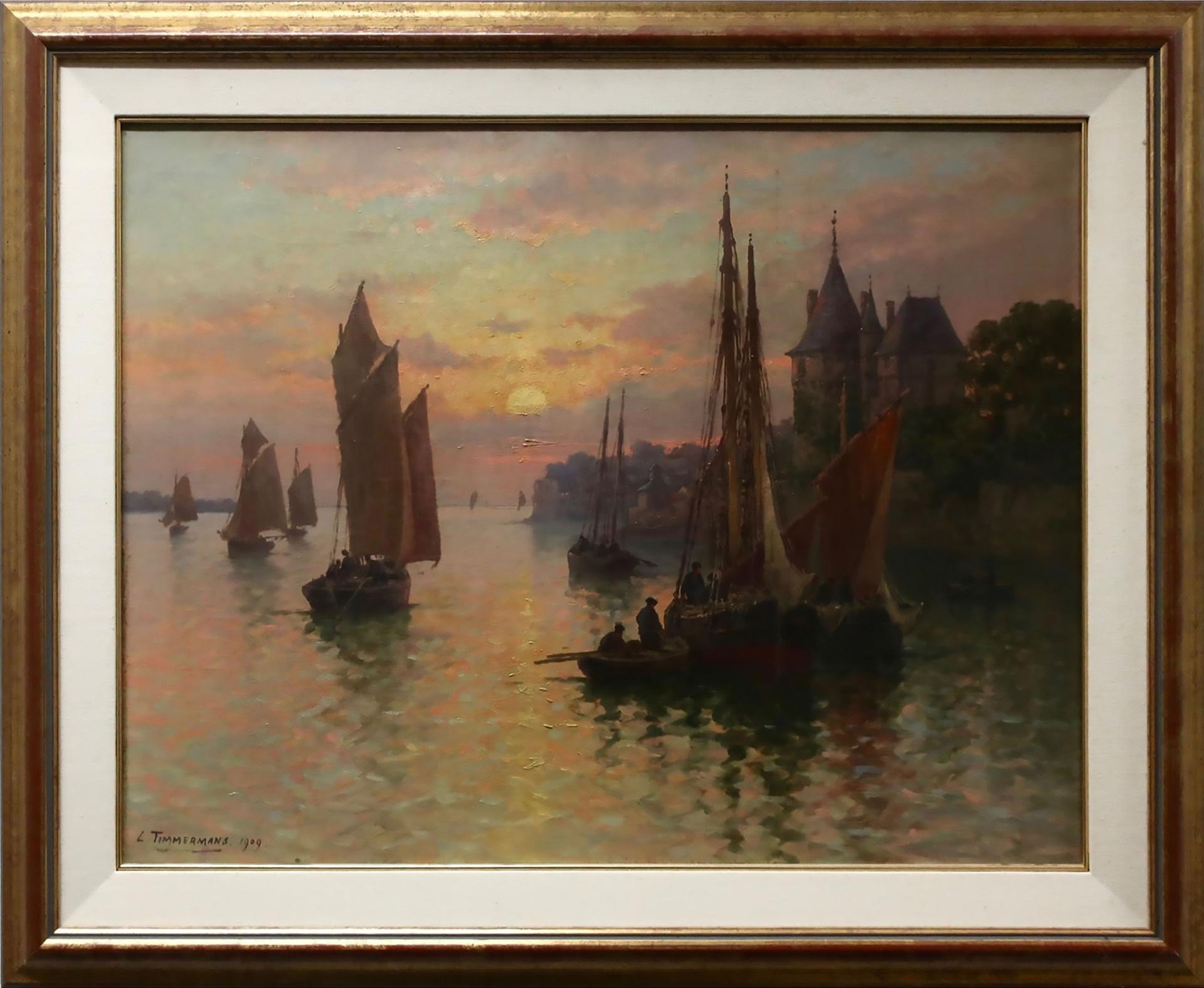 Louis Étienne Timmermans (1846-1910) - Harbour Scene At Sunset