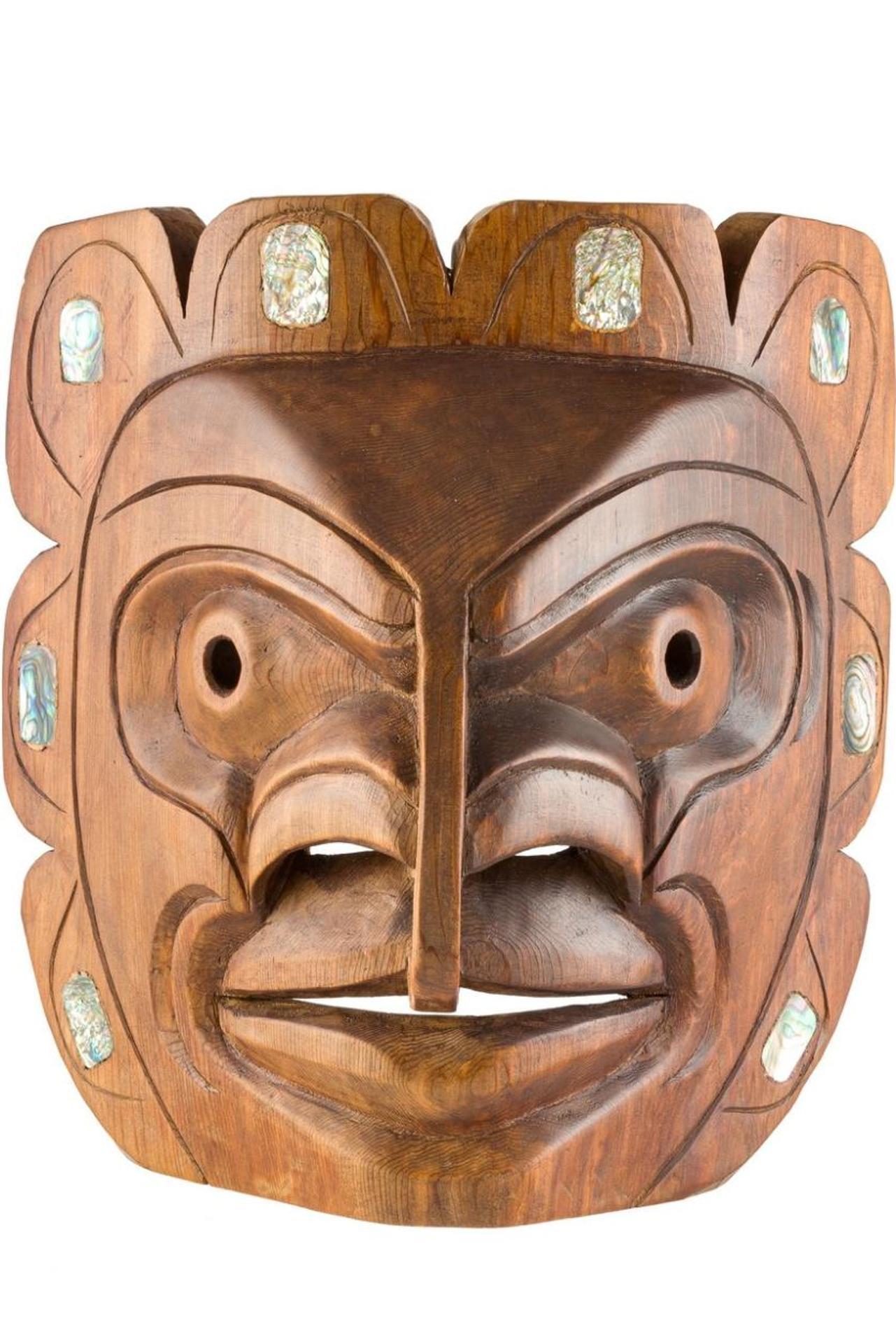 William Robertson - a carved and stained Hawk mask with inset abalone panels