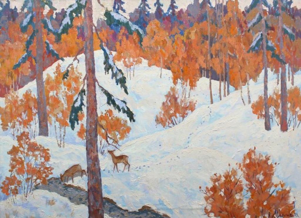 G.I. Maleshev - 'Deer on a Snowy Hillside'