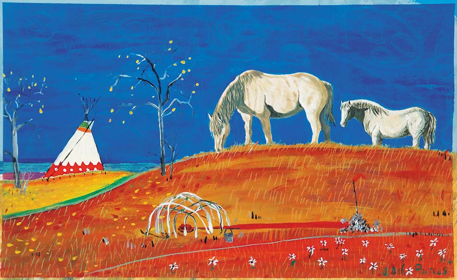 Jane Ash Poitras (1951) - Untitled - Horses, Teepee and Sweatlodge