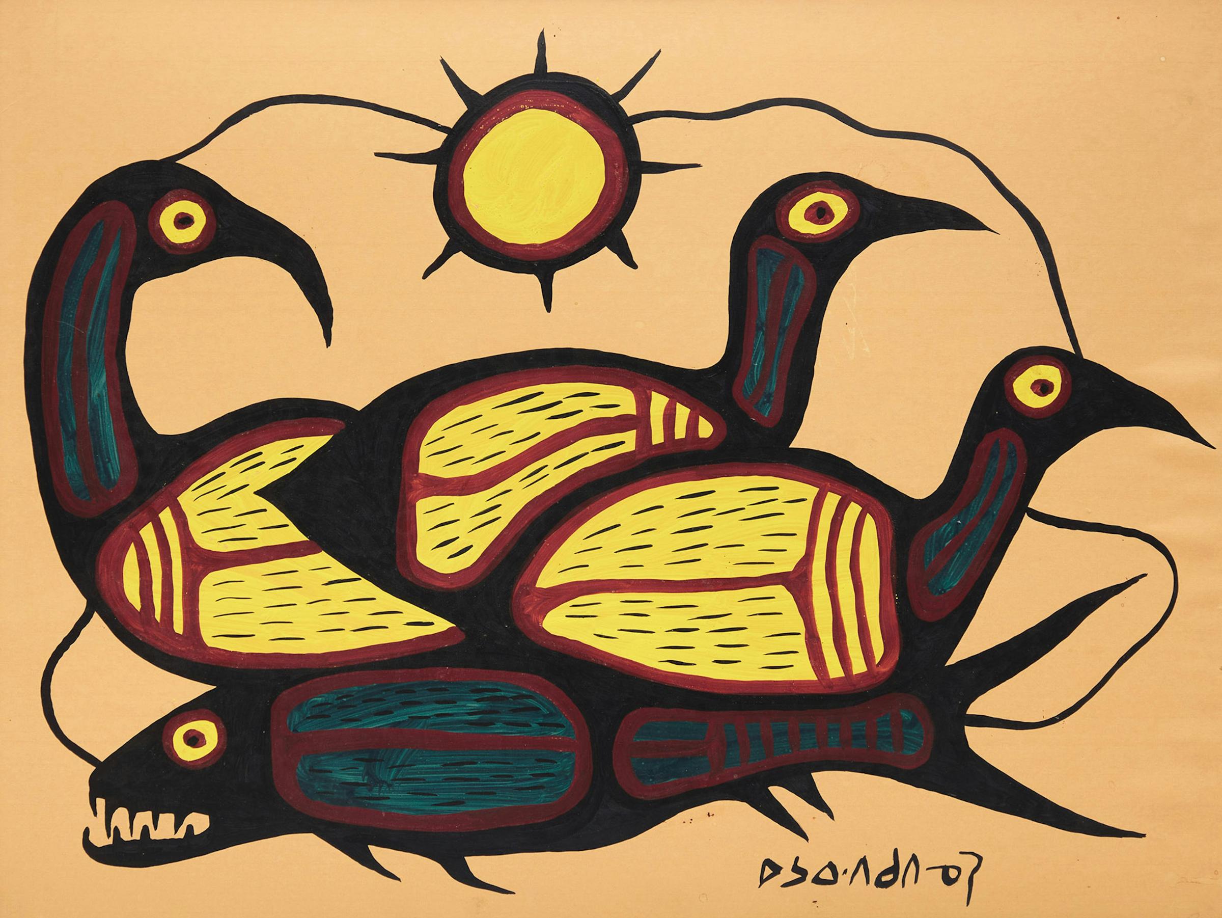 Norval H. Morrisseau (1931-2007) - Three Loons and Fish