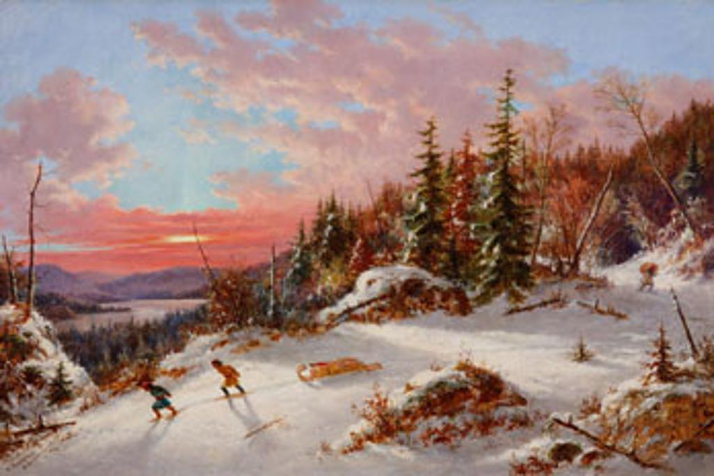 Cornelius David Krieghoff (1815-1872) - Hunters Returning in Winter Sunset