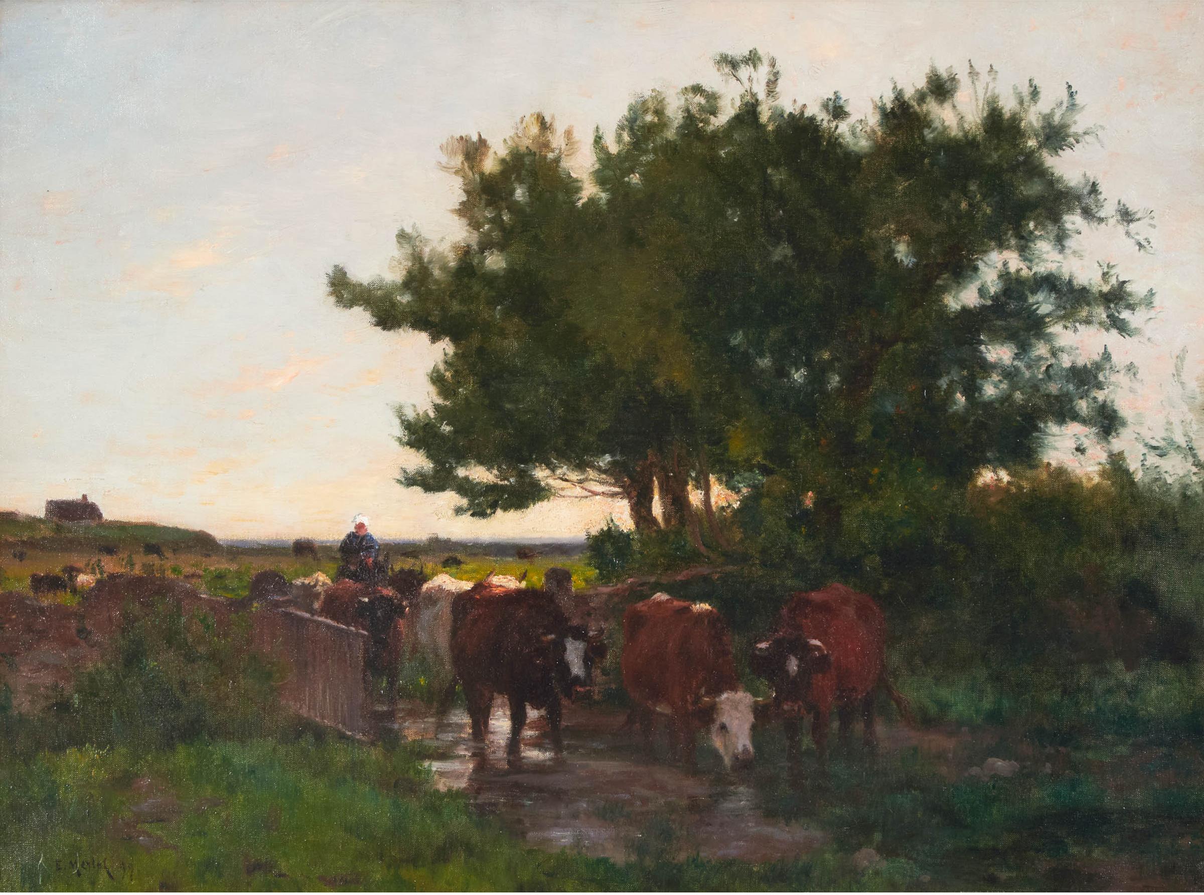 Émile Justin Merlot - Landscape With Cows In A Marsh, 1899