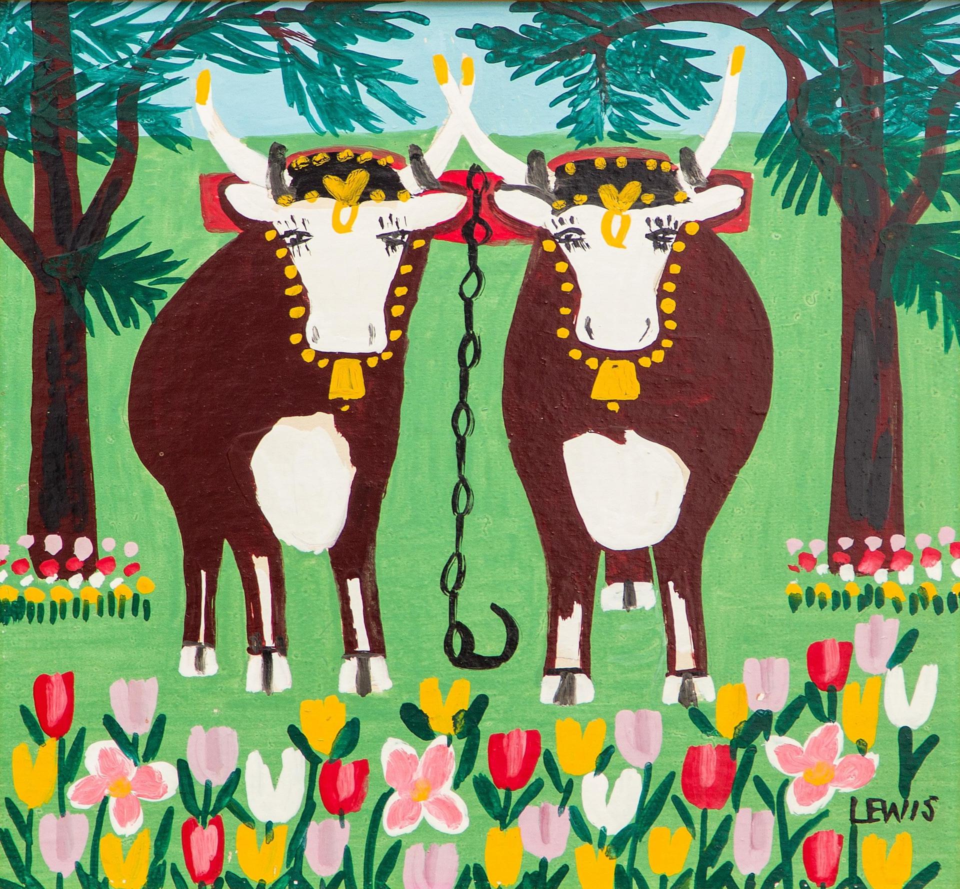 Maud Kathleen Lewis (1903-1970) - Two Oxen in Spring with Three Legs, c. 1963