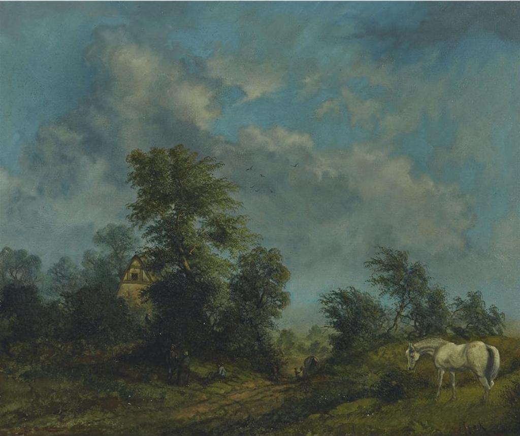 Allan J. Hook (1853) - White Stallion Grazing By A Country Lane With Country Folk