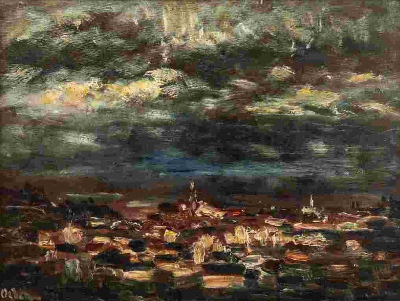 Desiderius Dezso On (1884-1986) - View of Town and Storm Clouds