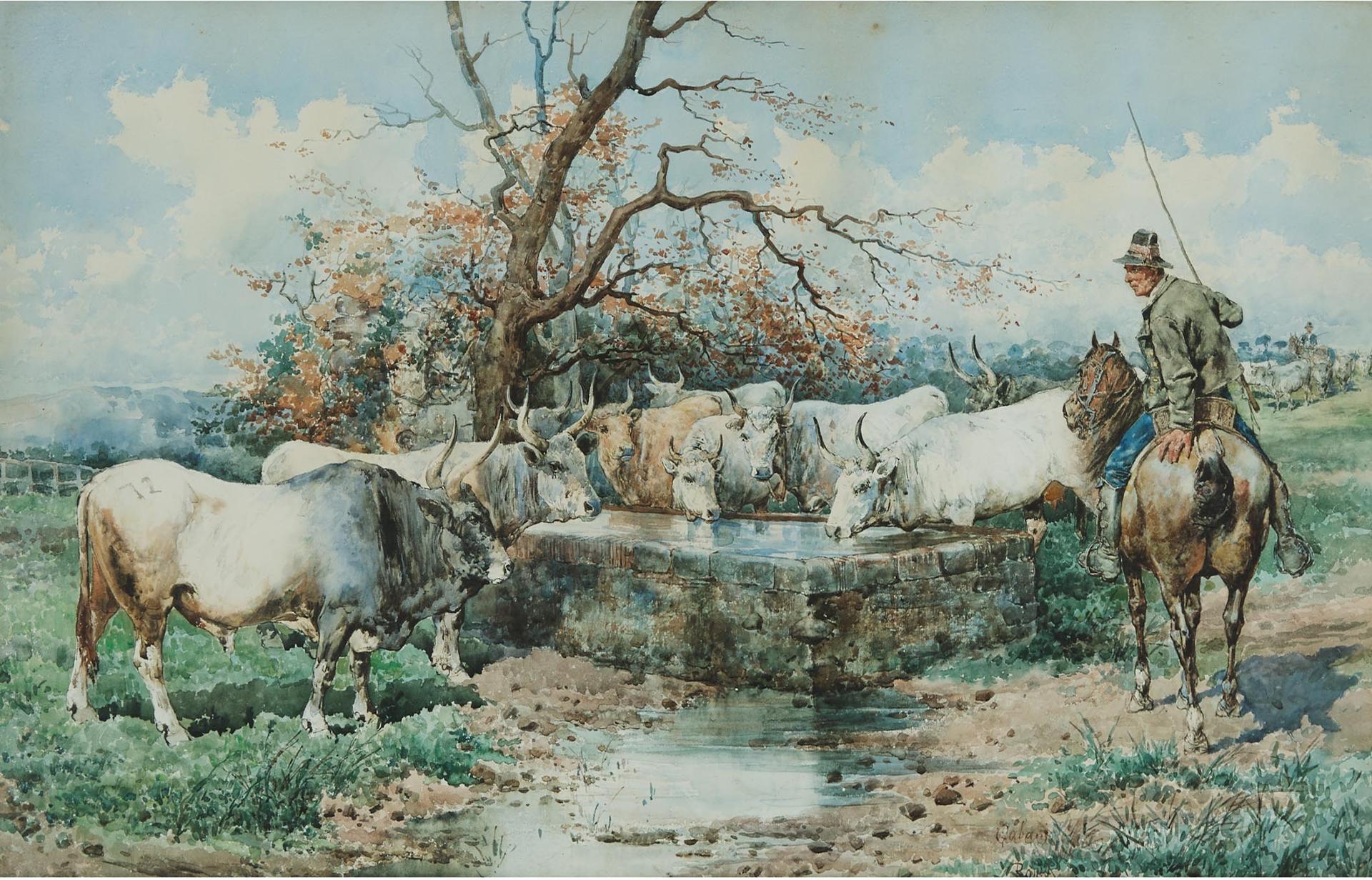 Giuseppe Gabani (1846-1899) - Cattle At The Watering Hole, 1872