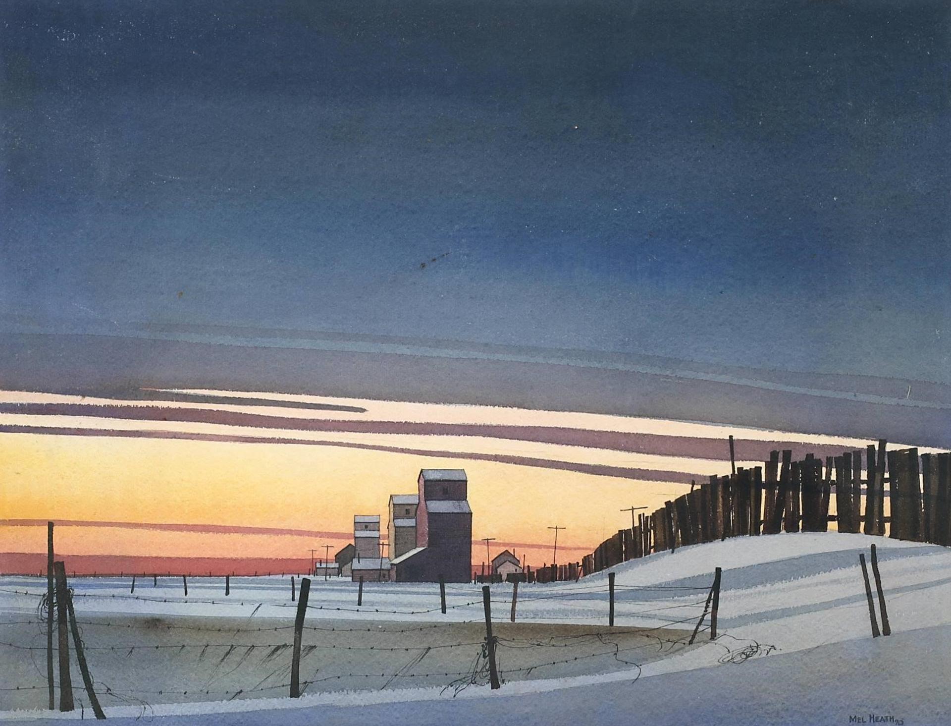Mel Heath (1930) - Grain Elevators At Sunset; 1990