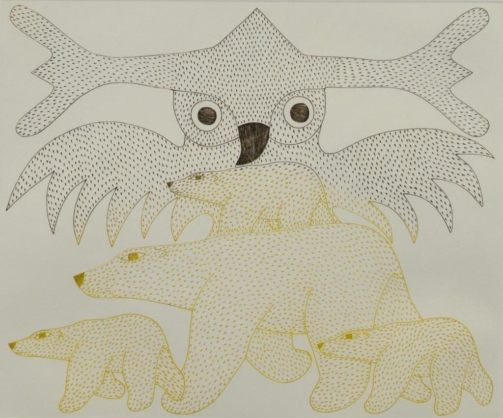 Kenojuak Ashevak (1927-2013) - Owl and Bears