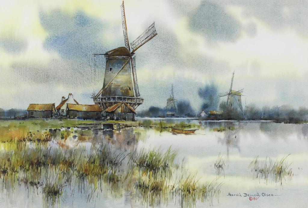 Harold Demont Olsen (1929-2020) - Evening Reflections, Kinderdijk, Netherlands